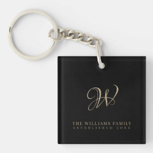 Modern Elegant Script Family Monogram Gold Black Keychain