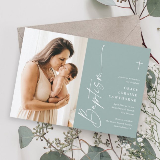 Modern Elegant Script Gender Neutral Photo Baptism Invitation (Modern script photo baptism invitations.)