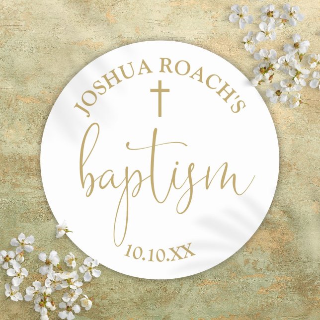 Modern Elegant Script Gold Baptism Classic Round Sticker (Modern Elegant Script Gold Baptism Classic Round Sticker)