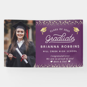 Modern Elegant Script Gold Graduation Photo Purple Banner