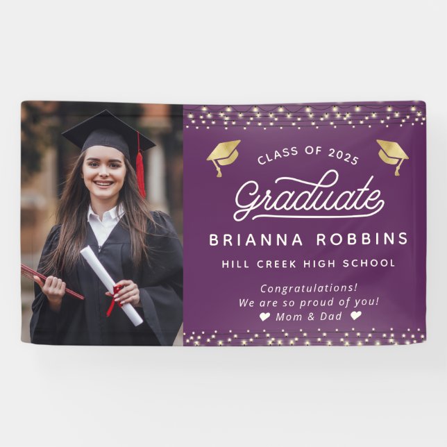 Modern Elegant Script Gold Graduation Photo Purple Banner (Horizontal)