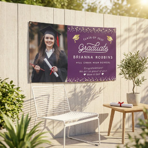 Modern Elegant Script Gold Graduation Photo Purple Banner
