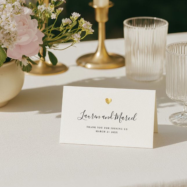 Modern Elegant Script Gold Heart Wedding Table Place Card (Creator Uploaded)