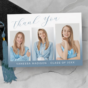 Modern Elegant Script Gradient Blue 3 Photo Grad Thank You Card