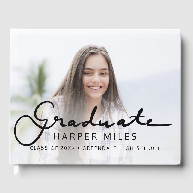 Modern elegant script gradient graduation photo guest book (Front)