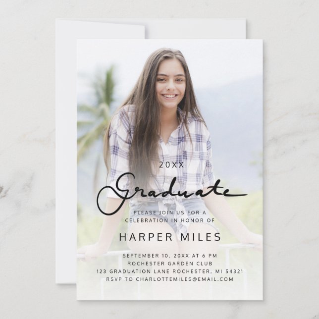Modern elegant script gradient graduation photo invitation (Front)