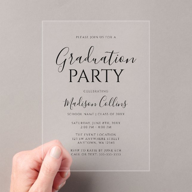 Modern Elegant Script Graduation Party Acrylic Invitations (Insitu (Handheld))