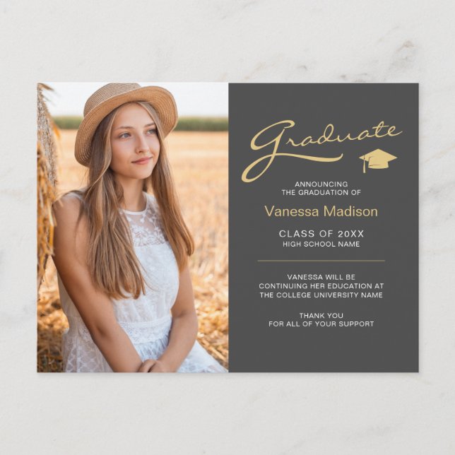Modern Elegant Script Grey & Gold | 2 Photo Grad Postcard (Front)