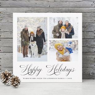 Modern Elegant Script Happy Holidays 3 Photo Holiday Card