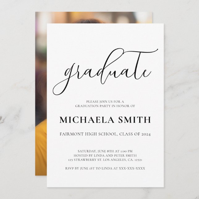 Modern Elegant Script High School Photo Graduation Invitation (Front/Back)