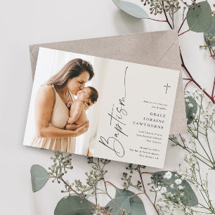 Modern Elegant Script Ivory Photo Baptism Invitation