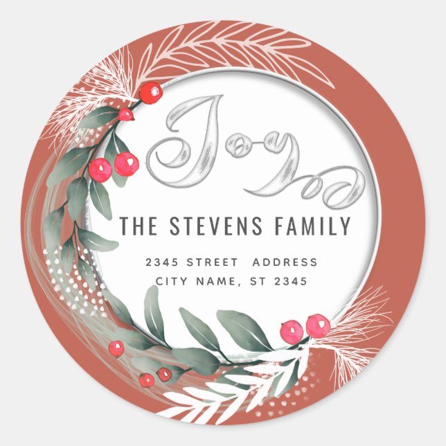 Modern elegant script joy winter botanical classic round sticker (Front)