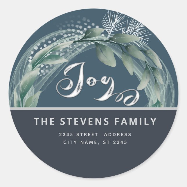 Modern elegant script joy winter botanical classic round sticker (Front)