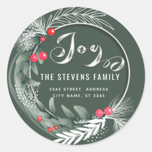 Modern elegant script joy winter botanical classic round sticker