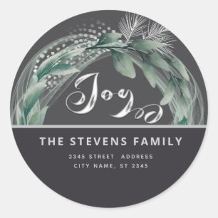 Modern elegant script joy winter botanical classic round sticker