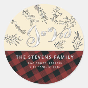 Modern elegant script joy winter botanical plaid classic round sticker