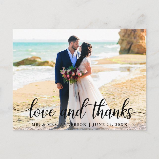 Modern Elegant Script Love Thanks Wedding Photo B Postcard (Front)