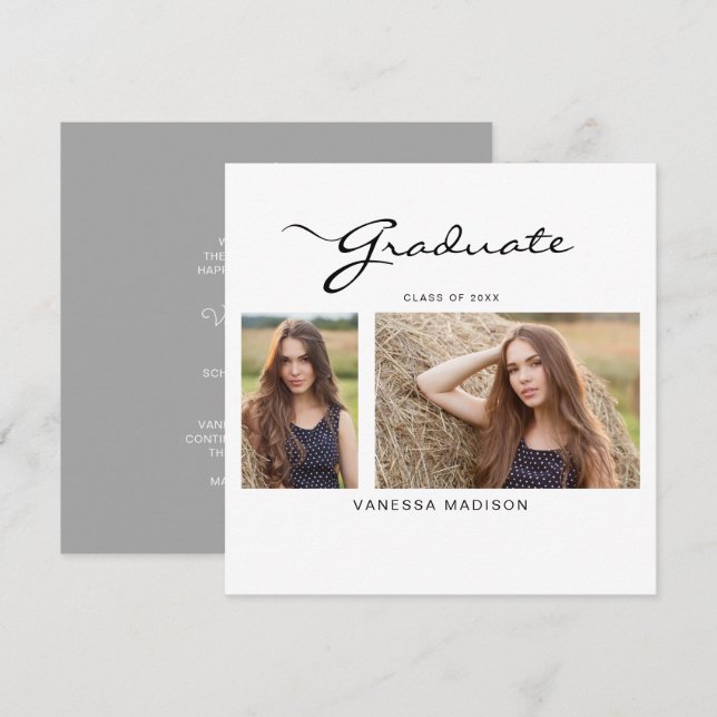 Modern Elegant Script Minimal | 2 Photo Graduation Announcement (Front/Back)