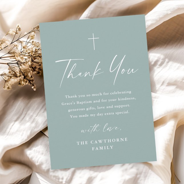 Modern Elegant Script Minimal Sage Green Baptism Thank You Card (Modern simple script sage green baptism thank you card.)