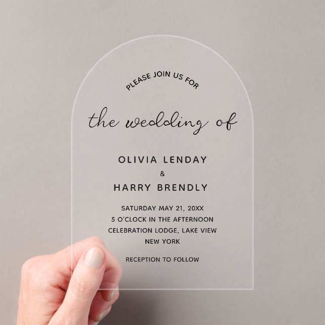 Modern Elegant Script Minimalist Wedding Acrylic Invitations (Insitu (Handheld))