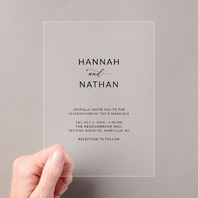 Modern Elegant Script Minimalist Wedding Clear Acrylic Invitations (Insitu (Handheld))