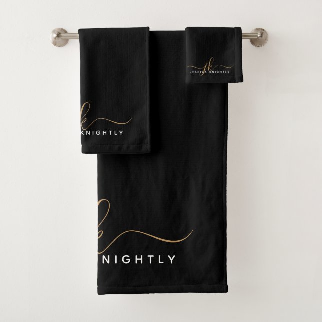 Modern Elegant Script Monogram Initials Black Gold Bath Towel Set (Insitu)