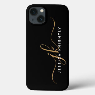 Modern Elegant Script Monogram Initials Black Gold iPhone 13 Case