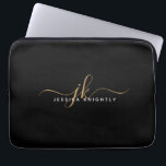 Modern Elegant Script Monogram Initials Black Gold Laptop Sleeve<br><div class="desc">Personalized modern laptop sleeve with simple, elegant handwritten calligraphy script initials or monogram and name in gold and white against an editable black background for a stylish or professional look. CHANGES: Change the background colour, choose a styled graphics background or change the text font style, colour, size and placement by...</div>