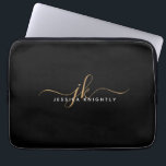 Modern Elegant Script Monogram Initials Black Gold Laptop Sleeve<br><div class="desc">Personalized modern laptop sleeve with simple, elegant handwritten calligraphy script initials or monogram and name in gold and white against an editable black background for a stylish or professional look. CHANGES: Change the background colour, choose a styled graphics background or change the text font style, colour, size and placement by...</div>