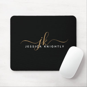 Modern Elegant Script Monogram Initials Black Gold Mouse Pad