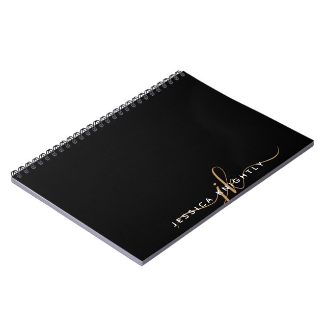 Modern Elegant Script Monogram Initials Black Gold Notebook (Left Side)