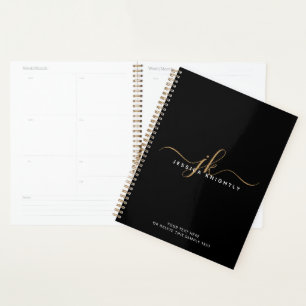 Modern Elegant Script Monogram Initials Black Gold Planner