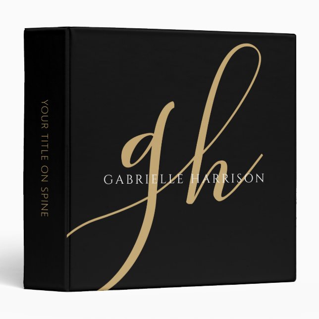 Modern Elegant Script Monogram Name Black Gold Binder (Front/Spine)