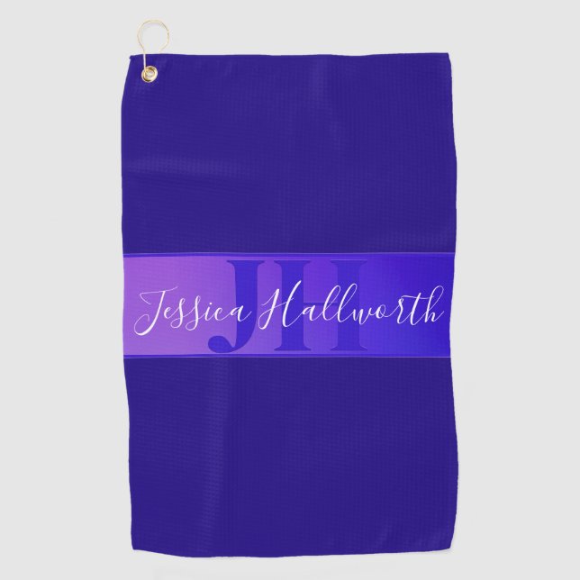 Modern Elegant Script Name & Monogram Ombre Purple Golf Towel (Front)
