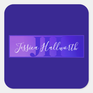 Modern Elegant Script Name & Monogram Ombre Purple Square Sticker