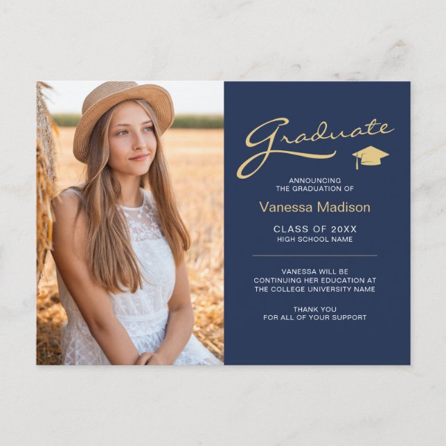 Modern Elegant Script Navy Blue | 2 Photo Grad Postcard (Front)