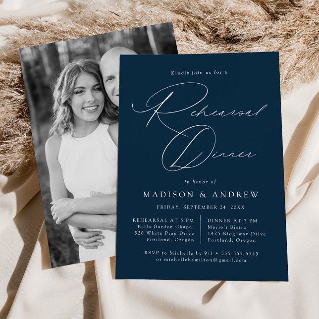Modern Elegant Script Navy Photo Rehearsal Dinner Invitation (Creator Uploaded)