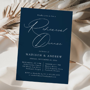 Modern Elegant Script Navy Rehearsal Dinner Invitation