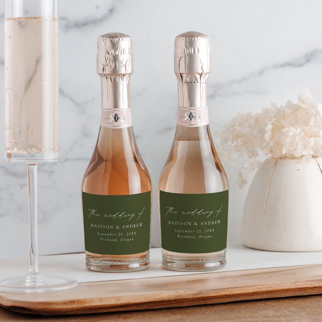Modern Elegant Script Olive Green Wedding Sparkling Wine Label (Creator Uploaded)