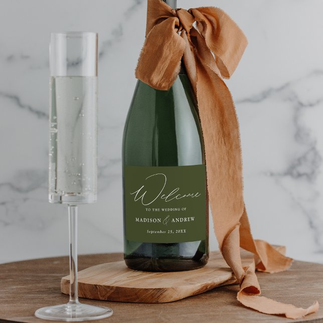 Modern Elegant Script Olive Green Wedding Sparkling Wine Label (Creator Uploaded)