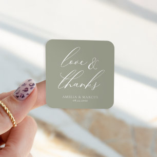 Modern Elegant Script Olive Love & Thanks Square Sticker