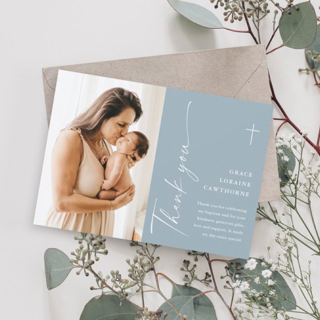 Modern Elegant Script Photo Baptism Thank You Card (Creator Uploaded)