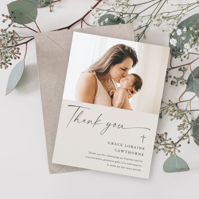Modern Elegant Script Photo Baptism Thank You Card (Creator Uploaded)