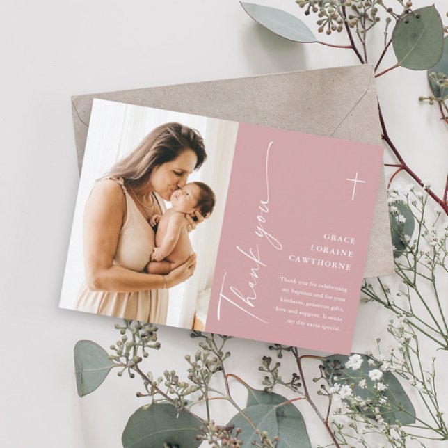 Modern Elegant Script Photo Baptism Thank You Card (Creator Uploaded)