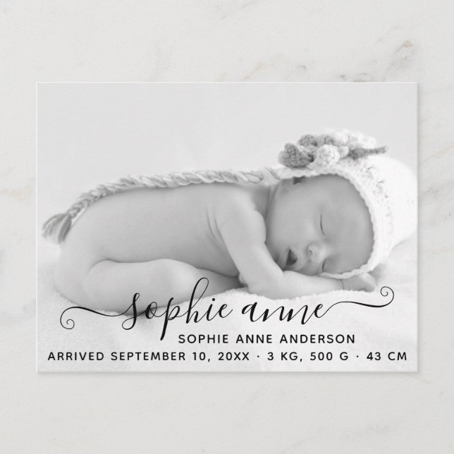 Modern Elegant Script Photo Birth Announcement Postcard (Front)