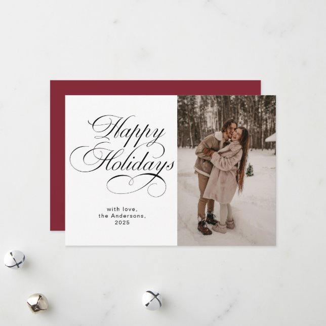 Modern Elegant Script Photo Collage Red Christmas Holiday Card (Front/Back In Situ)