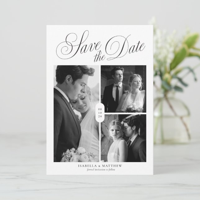 Modern Elegant Script Photo Collage Save The Date (Standing Front)