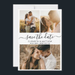 Modern Elegant Script Photo Collage Wedding Save T The Date<br><div class="desc">Elegant modern black and white script 3 photo collage wedding save the date announcement card. Chic minimalist design template feature three (3) couple photo collage and elegant cursive hand lettering typography script „Save the Date” text in black on white background colour. If you need help or matching items, please contact...</div>