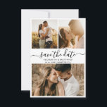 Modern Elegant Script Photo Collage Wedding Save The Date<br><div class="desc">Elegant modern minimal black and white script 3 photo collage wedding save the date announcement card. Chic minimalist design template feature three (3) couple photo collage and elegant cursive hand lettering typography (or calligraphy) script „Save the Date” text in black on white background colour. If you need help or matching...</div>