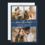 Modern Elegant Script Photo Collage Wedding Save The Date<br><div class="desc">Elegant modern navy and white script 3 photo collage wedding save the date announcement card. Chic minimalist design template feature three (3) couple photo collage and elegant cursive hand lettering typography script „Save the Date” text in white on navy blue background colour. If you need help or matching items, please...</div>